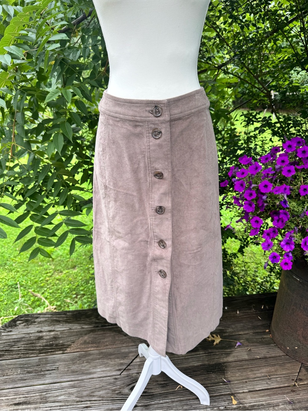 Banana Republic Corduroy Midi Skirt Sz 6 Taupe Button Front A-Line Cotton Blend